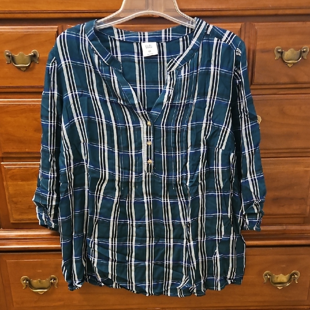 Green Cheery Plaid Pintuck Blouse